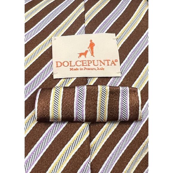 Dolcepunta Mens Dress Neck Tie Stripe Silk Brown Lavender Cream Soft Tip Italy - Picture 3 of 5
